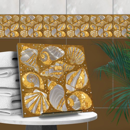 Seashells pattern _ pearl and gold ceramic tile