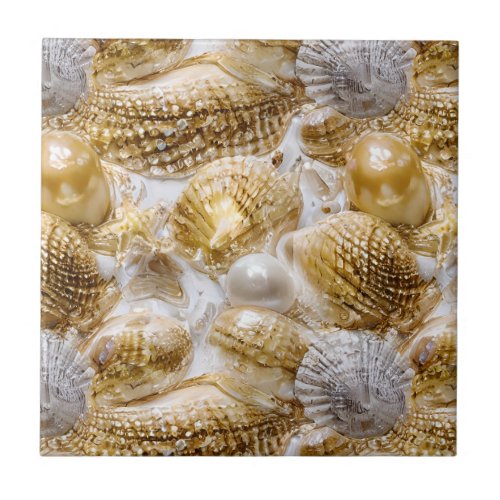 Seashells pearl beach sand nautical gold white  ceramic tile