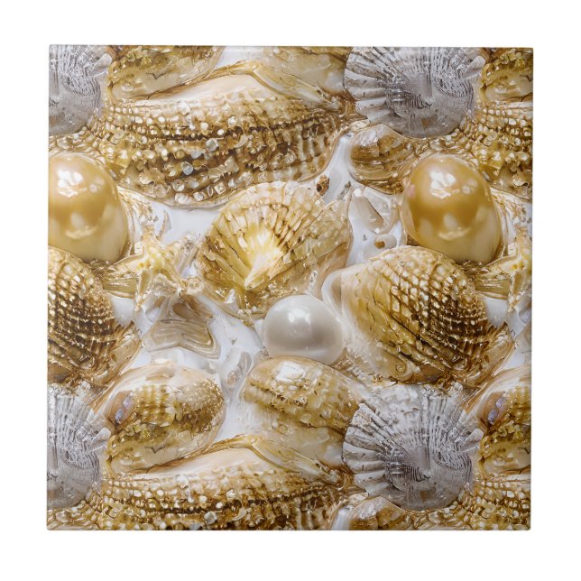 Seashells pearl beach sand nautical gold white  ceramic tile (Front)