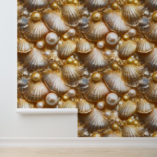 Seashells pearl mural seamless pattern bronze gold wallpaper 