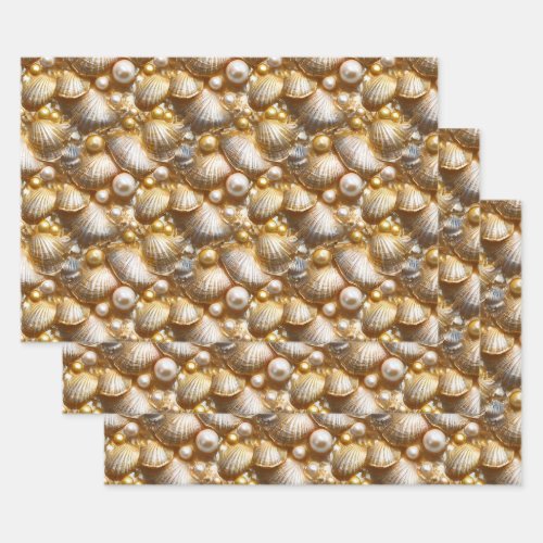 Seashells pearls gold pearl lustre clam shell wrapping paper sheets