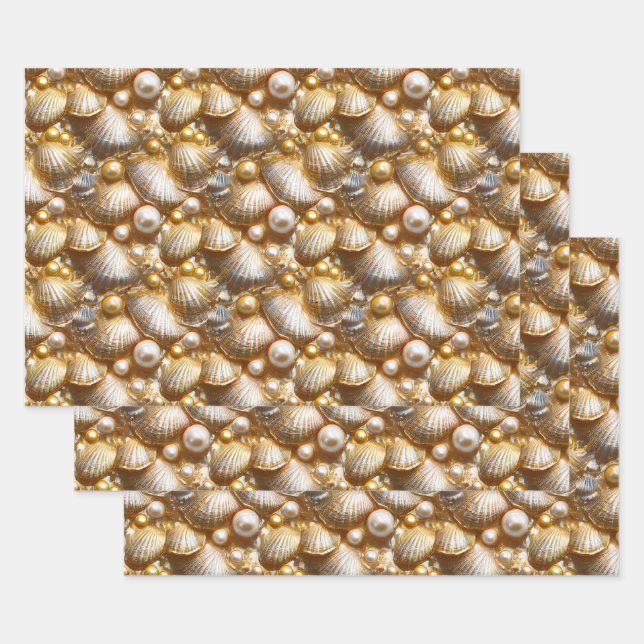 Seashells pearls gold pearl lustre clam shell wrapping paper sheets (Set)