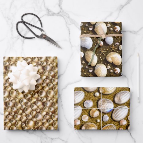 Seashells pearls sandy beach shells gold shimmer wrapping paper sheets