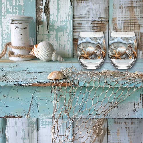 Seashells Pearls Sea Foam Starfish   Stemless Wine Glass