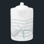 Seashells & Pearls Teapot<br><div class="desc">Soft bluish gray starfish, seashells, and an open oyster with a pearl... .all over a background of the shadows of overlying ocean waves.
Add text, use filters, add more images..do as you wish: customize to your liking.</div>