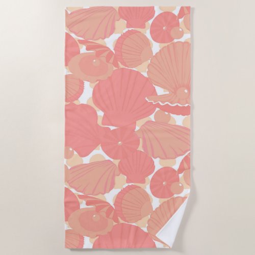 Seashells Pink and White Pattern Beach Towel