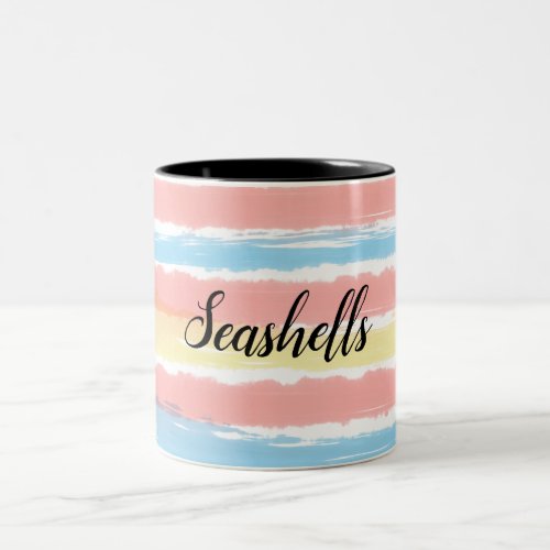 Seashells Pink Blue Yellow Watercolor Stripes Two_Tone Coffee Mug