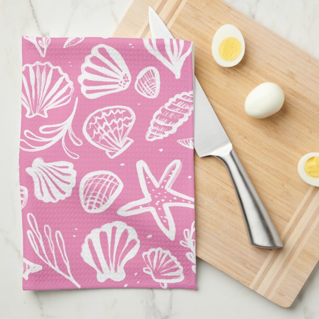 Seashells Pink Pattern Beach Shells Chic  Kitchen Towel (Quarter Fold)