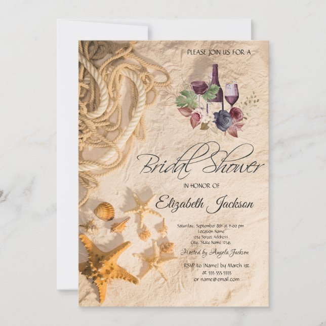 Seashells Rope Sand Burgundy Floral Bridal Shower Invitation (Front)