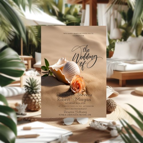 Seashells Rose Sand Beach Wedding Invitation