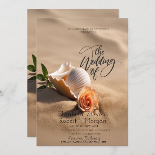 Seashells Rose Sand Beach Wedding Invitation