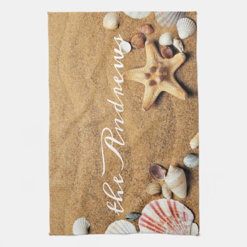 Seashells Sand Ocean Calligraphy Name Kitchen Towel