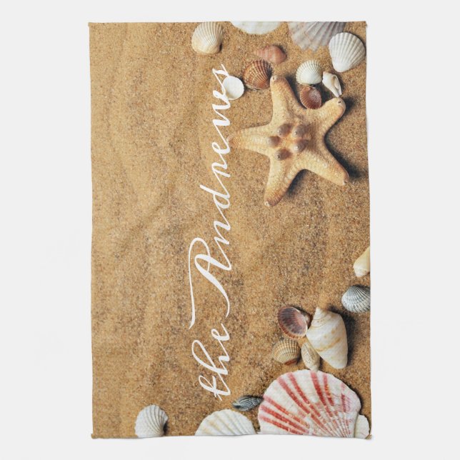 Seashells Sand Ocean Calligraphy Name Kitchen Towel (Vertical)