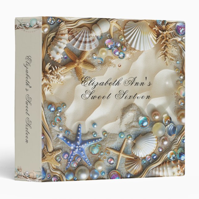 Seashells Sand Pearls Starfish Driftwood Sweet 16 3 Ring Binder (Front/Spine)