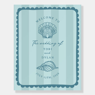Seashells Scalloped Blue Stripe Wedding Welcome Foam Board