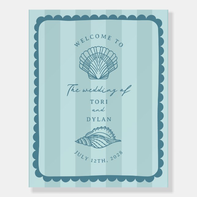 Seashells Scalloped Blue Stripe Wedding Welcome Foam Board (Front)
