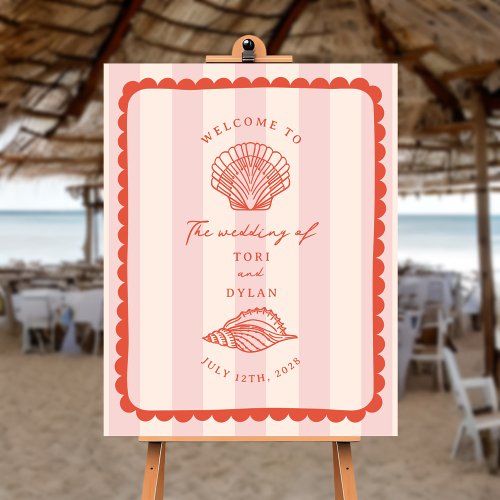 Seashells Scalloped Border Stripe Wedding Welcome Foam Board