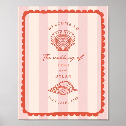 Seashells Scalloped Border Stripe Wedding Welcome Poster