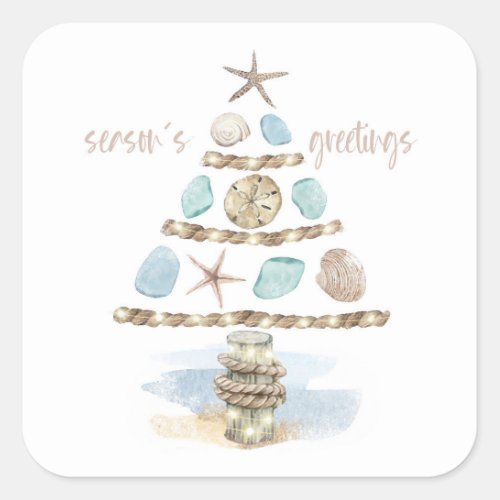 Seashells  Sea Glass  Coastal Christmas Tree Square Sticker