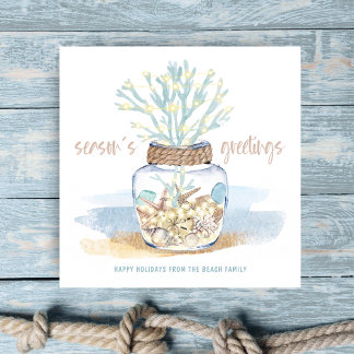 Seashells & Sea Glass Jar Coral Coastal Christmas Holiday Card