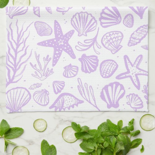 Seashells Sea Lavender Pattern Beach Shells Chic  Kitchen Towel