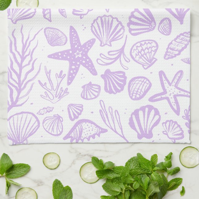 Seashells Sea Lavender Pattern Beach Shells Chic  Kitchen Towel (Folded)