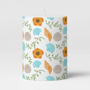 Seashells Sea Snail Orange Flower Green Leaves Pillar Candle