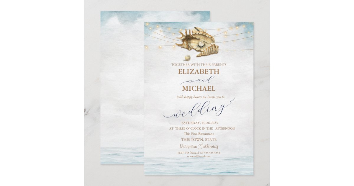 Seashells,Sea,String Lights Script Wedding Invitation | Zazzle