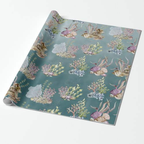 Seashells Seaweed Coral Under The Deep Green Sea Wrapping Paper
