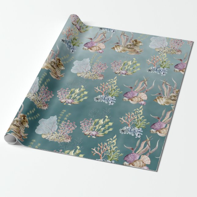 Seashells Seaweed Coral Under The Deep Green Sea Wrapping Paper (Unrolled)