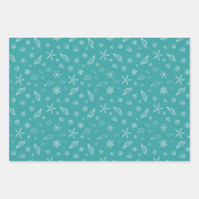 Seashells & Snowflakes with Sea Green Wrapping Paper Sheets (Front)