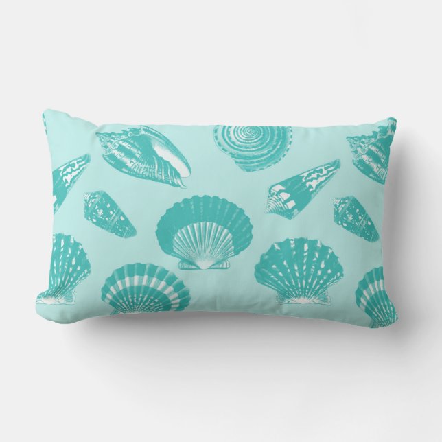Seashells - soft aqua and white lumbar pillow (Front)