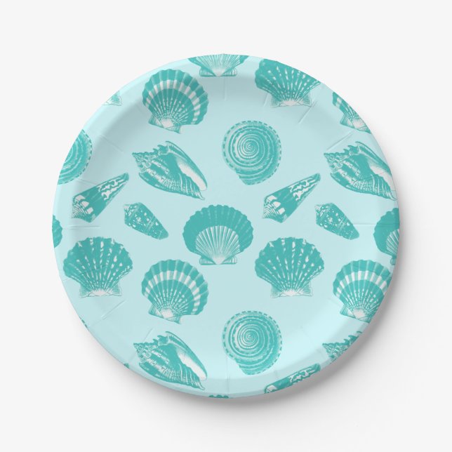 Seashells - soft aqua and white paper plates (Front)