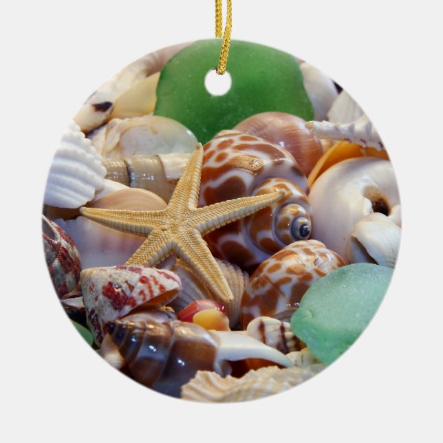 Seashells, Starfish & Beach Glass Ornament (Front)