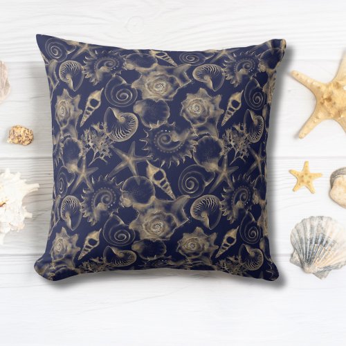 Seashells Starfish Blue Ocean Coastal Beach House  Throw Pillow