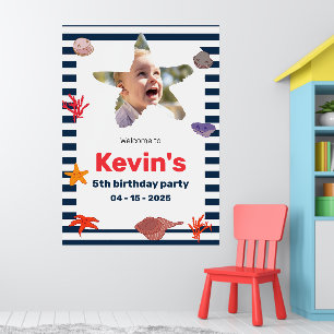 Seashells, Starfish & Coral on Nautical Stripes Poster