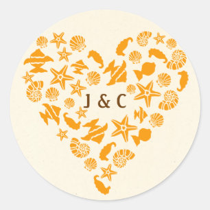 Seashells & Starfish Heart Summer Beach Wedding Classic Round Sticker