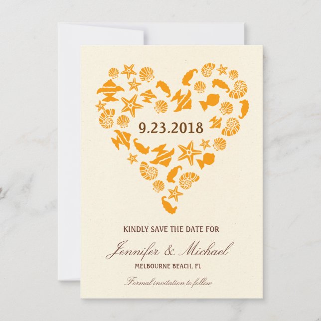 Seashells & Starfish Heart Summer Beach Wedding Save The Date (Front)