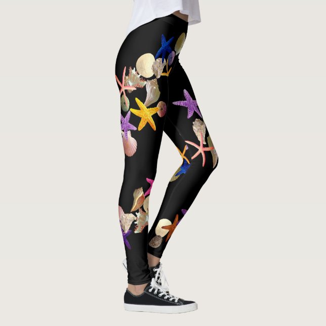 Seashells & Starfish on Black - Leggings (Right)