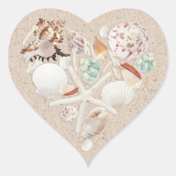 Seashells & Starfish On The Beach Wedding Heart Sticker by classycelebrations at Zazzle