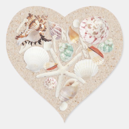 Seashells & Starfish on the Beach Wedding Heart Sticker ...