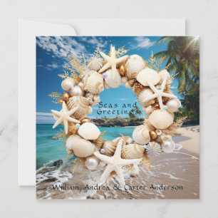 Seashells Starfish Pearls Palm Trees Christmas Holiday Card