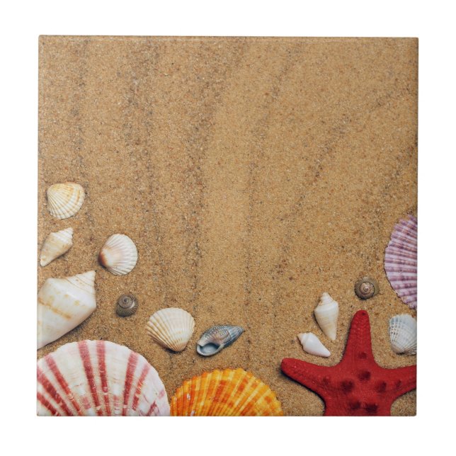 Seashells Starfish Sandy Beach Ceramic Tile (Front)