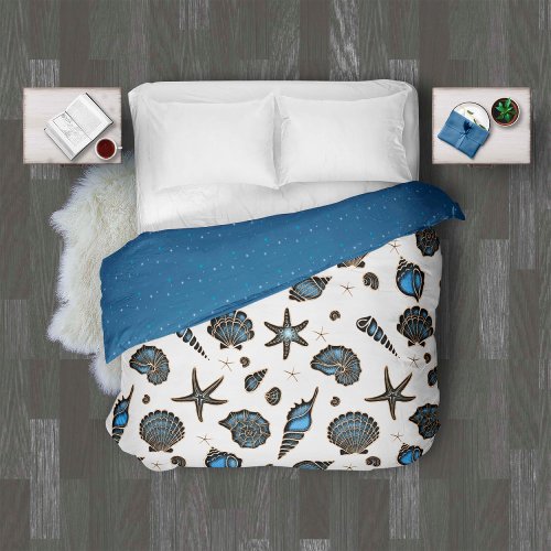 Seashells Starfish Watercolor Midnight Blue ID782 Duvet Cover