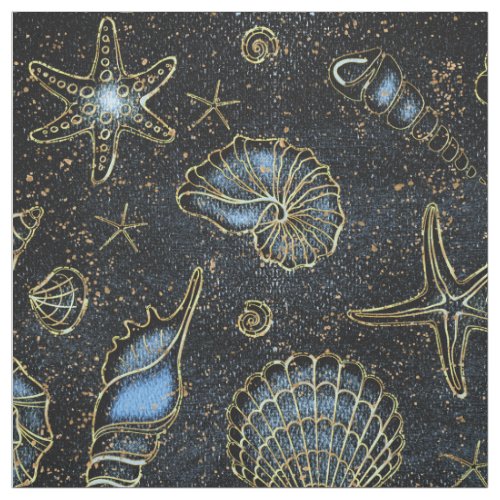 Seashells Starfish Watercolor Midnight Blue ID782 Fabric