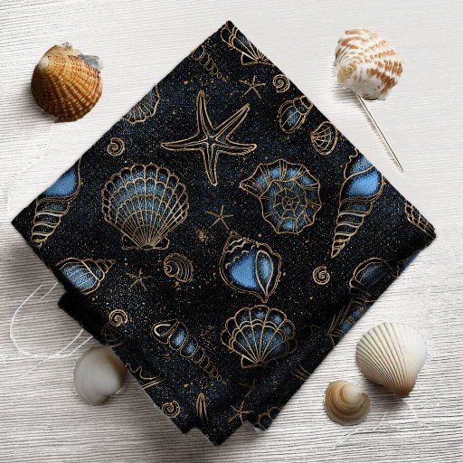 Seashells Starfish Watercolor Midnight Blue ID782 Fabric