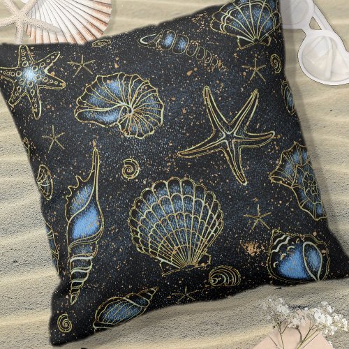 Seashells Starfish Watercolor Midnight Blue ID782 Throw Pillow