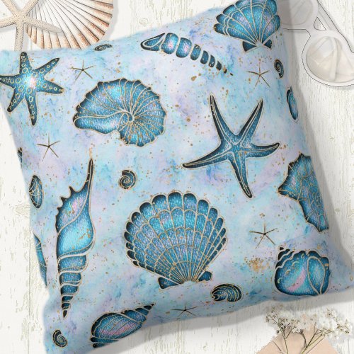 Seashells Starfish Watercolor Opal ID782 Throw Pillow