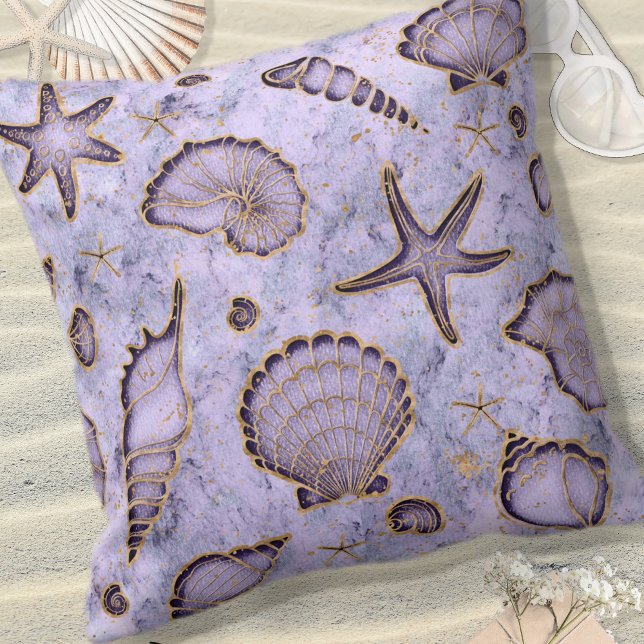 Seashells Starfish Watercolor Violet ID782 Throw Pillow (Creator Uploaded)