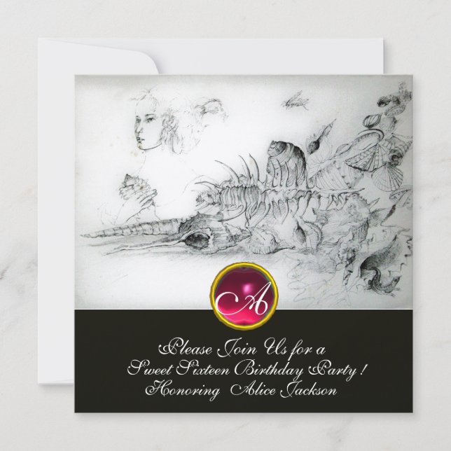 SEASHELLS SWEET 16 PARTY,Ruby Monogram Black White Invitation (Front)